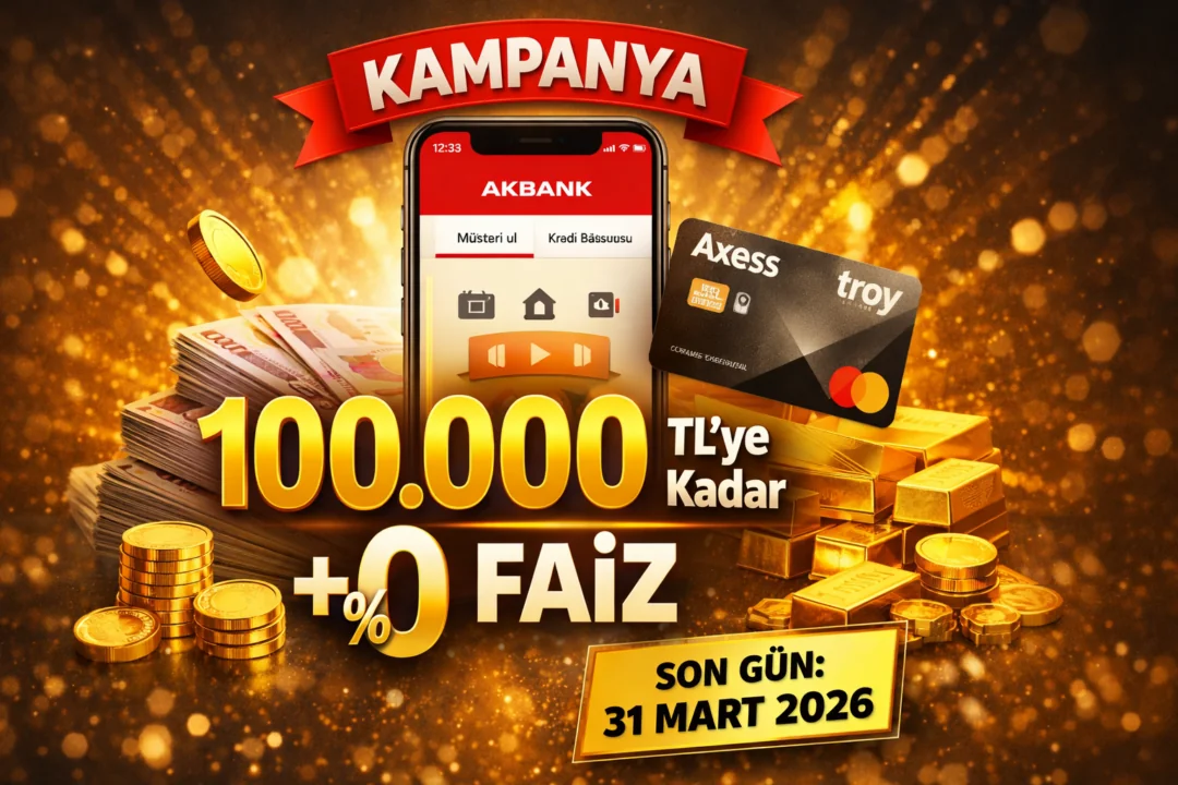 Akbank’ın mobil başvuruya özel 100 bin TL’ye kadar 3 ay vadeli sıfır faiz kampanyasını anlatan finans temalı görsel.
