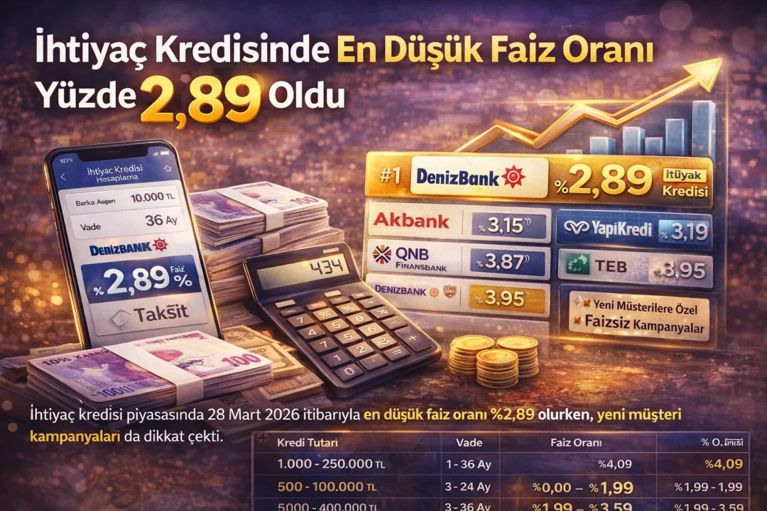 28 Mart 2026 itibarıyla ihtiyaç kredisi faiz oranlarını, banka tekliflerini ve en düşük oranı gösteren finans temalı haber görseli.