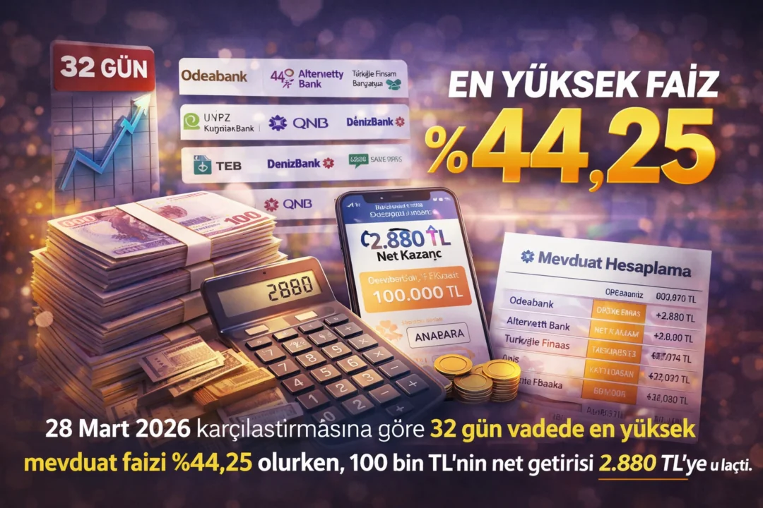 28 Mart 2026 itibarıyla 32 gün vadeli mevduat faiz oranlarını ve 100 bin TL’nin net getirisini anlatan finans temalı görsel.