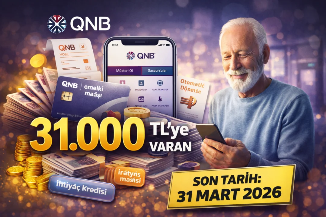 QNB’nin emekli maaşı taşıma kampanyasında 31 bin TL’ye varan promosyon ve ek ödülleri anlatan finans temalı görsel.