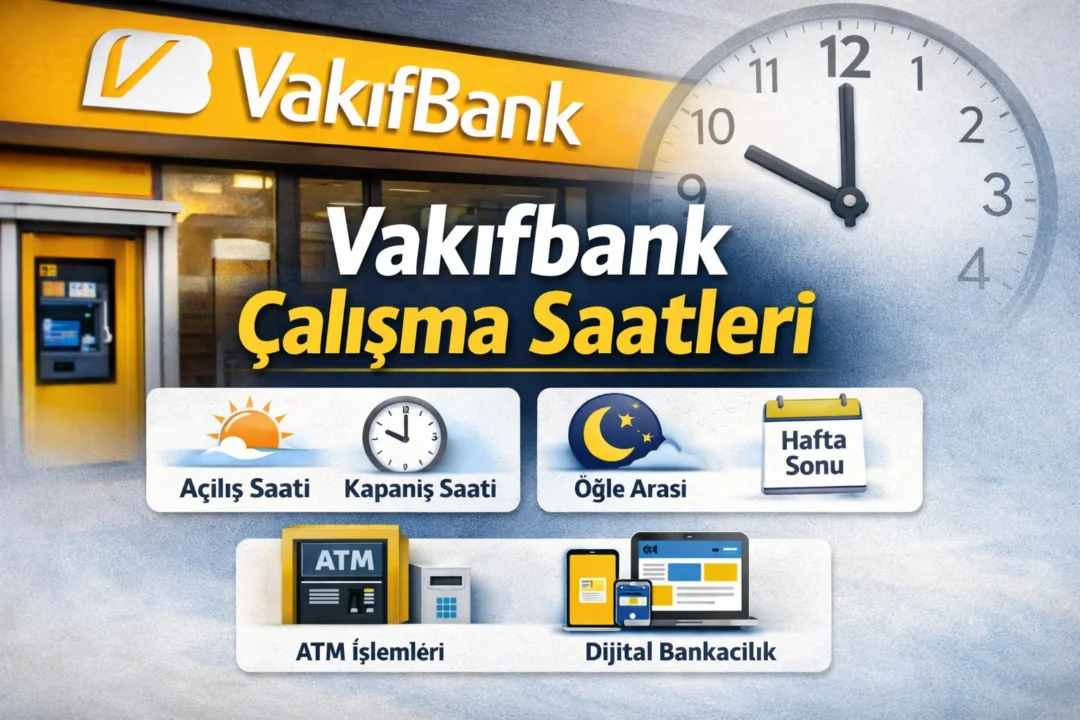 Vakıfbank çalışma saatlerini gösteren bilgilendirici görsel; açılış saati, kapanış saati, öğle arası, hafta sonu durumu, ATM işlemleri ve dijital bankacılık başlıkları yer alıyor.