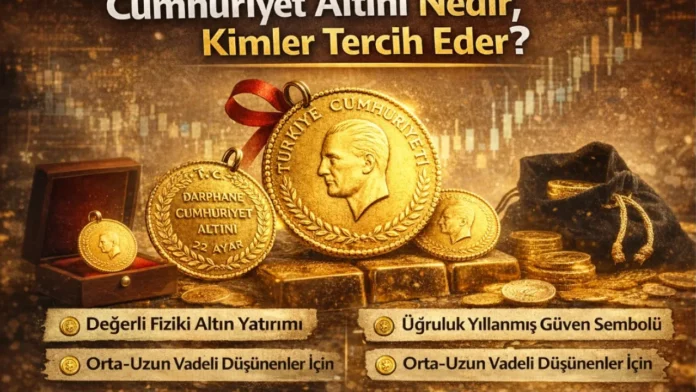 Cumhuriyet altınının ne olduğunu ve kimler tarafından tercih edildiğini anlatan, fiziki altın, Cumhuriyet altını ve yatırım temasını yansıtan öne çıkan görsel.