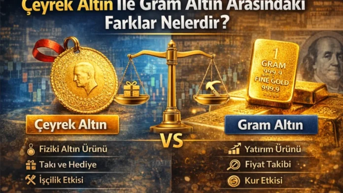 Çeyrek altın ile gram altın arasındaki farkları anlatan, fiziki altın ve yatırım altını karşılaştırmasını gösteren öne çıkan görsel.