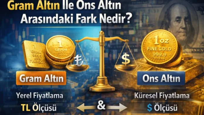 Gram altın ile ons altın arasındaki farkı anlatan, terazi, altın külçeleri, gram altın, ons altın ve kur etkisini gösteren öne çıkan görsel.