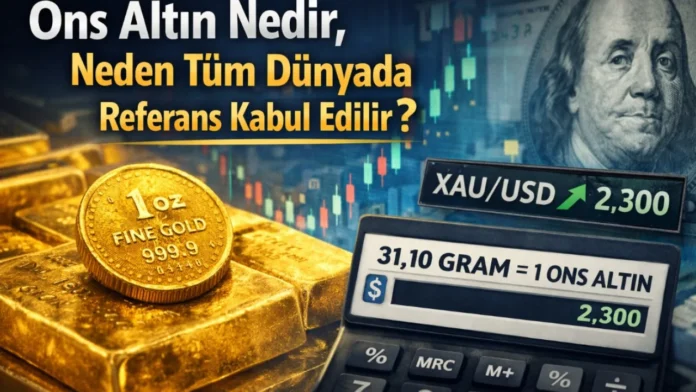 Ons altının ne olduğunu ve neden dünya genelinde referans kabul edildiğini anlatan, altın külçeleri, ons altın simgesi, hesap makinesi ve finans grafikleri içeren öne çıkan görsel.